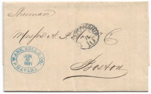 Stampless: Havana, Cuba to Boston, Ma 1871 Steamship 10 Marking (50540)