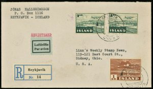 1950 Iceland Registered Cover Sc 251 & Sc C26