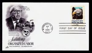 FIRST DAY COVER #1831 15c Organized Labor Proud and Free ARTCRAFT U/A FDC 1980