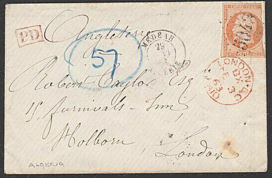 ALGERIA 1863 cover FRANCE 40c 5042 cancel of MEDEAH to London...............6667