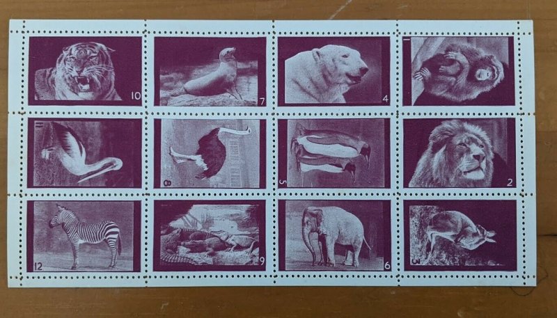 Poster Stamps Great Britain Animals of London Zoo Set of 12 Carmine MNH Perforat