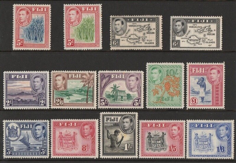 FIJI 1938 KGVI Defs set ½d to £1 including 2d Die I, & 6d Die I.