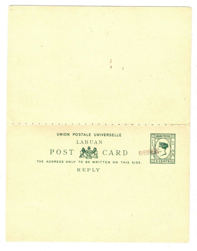LABUAN Postal Stationery 3c + 3c *Specimen* UPU Reply Card Unused 1894W315