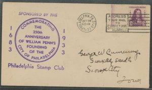 US 724 1933 3c William Penn commemorative on an addressed first day cover with a Philadelphia, PA machine cancel and a Philadelp