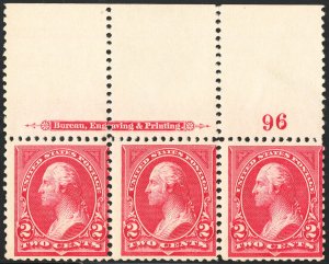 US Stamps # 250 MNH Fresh Strip Of 3 With Plate Number Scott Value $290.00