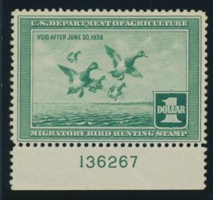 #RW4 $1 DUCK STAMP PLATE SINGLE F-VF OG NH CV $275 AU821