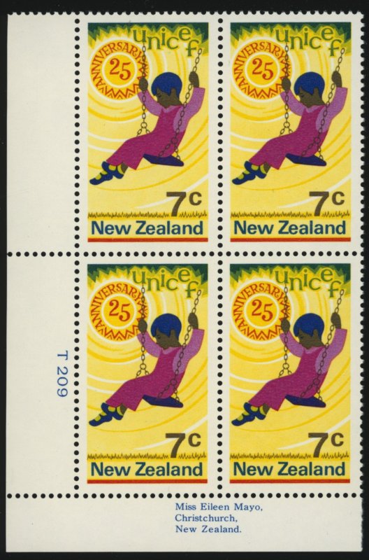 NEW ZEALAND Sc 477 MNH PLATE BLOCK - 1971 7¢ - UNICEF 25th Anniv - P.O. Fresh