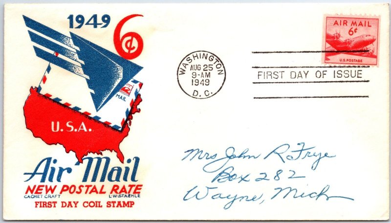U.S. FIRST DAY COVER 6c AIR MAIL POSTAGE RATE ON L. W. STAEHLE CACHET CRAFT 1949