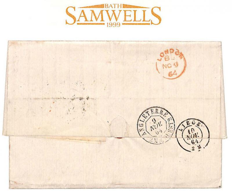 MS883 1864 GB DESTINATION MAIL *Birmingham* Cover *Belgian TPO* SG.80 cat £300+