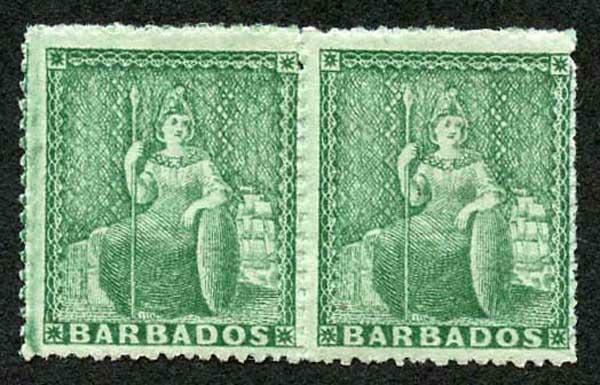 Barbados SG17 1/2d Deep Green No Wmk Clean Cut Perf 14 to 16 PAIR M/Mint