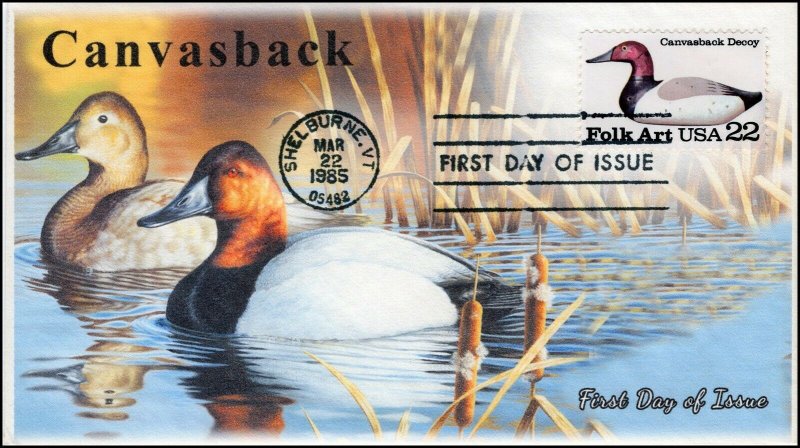 AO-2140, 1985, Duck Decoys, Canvasback, Add-on Cachet, First Day Cover, SC 2140