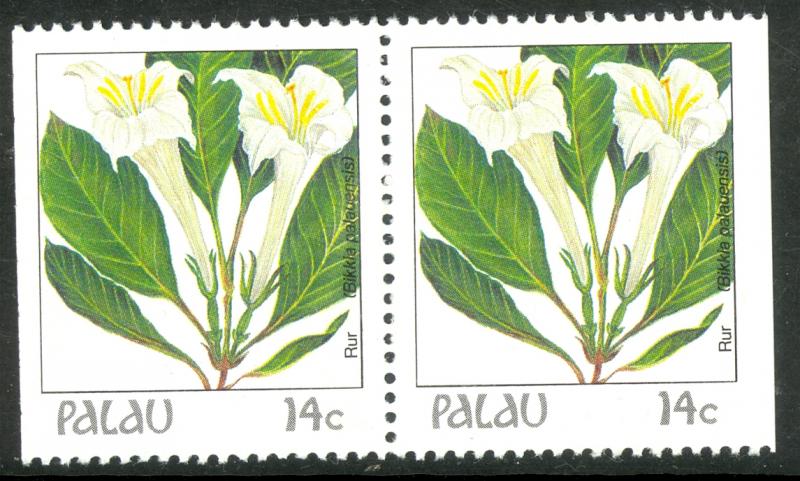 PALAU 1987-88 14c Indigenous Flowers Pair From Booklet Pane Sc 130var MNH