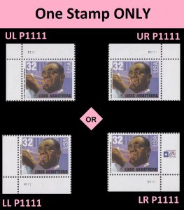 US 2982 Louis Armstrong 32c plate single P1111 MNH 1995