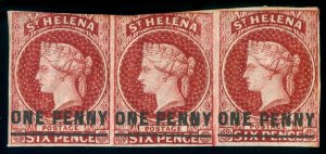 MOMEN: ST HELENA SG #4 1863 STRIP MINT OG H LOT #60407