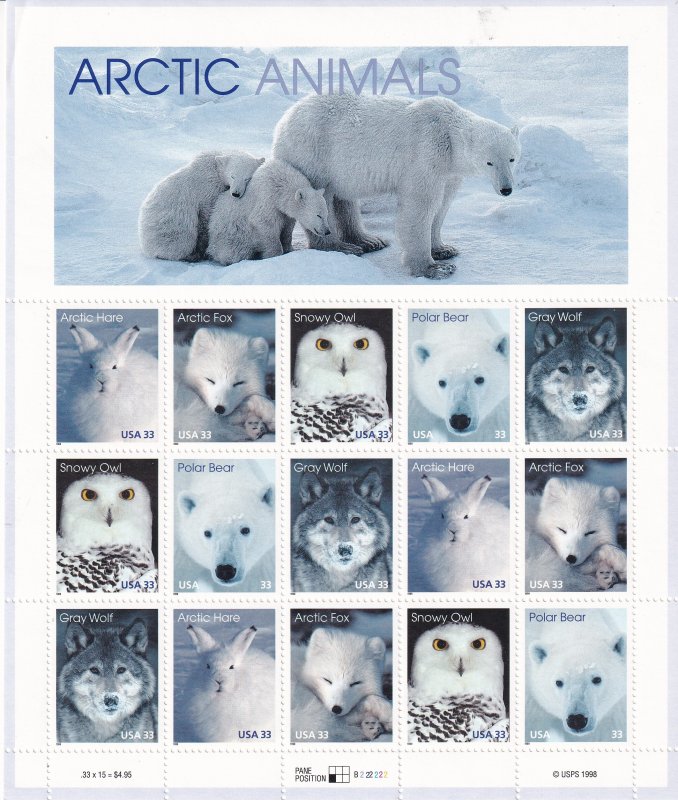 Sc# 3288 / 3292 U.S 33¢ complete 1999 Arctic Animals sheet MNH CV $13.00