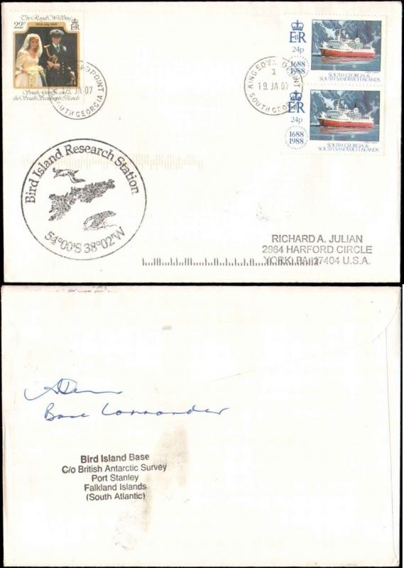 2007 SOUTH GEORGIA CACHET FOR BIRD ISLAND RESEARCH STATION + SIGNED COMMANDER