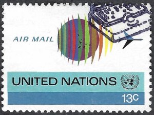 United Nations #C19 13¢ Airmail lssue - Globe & Jet (1974). Used.