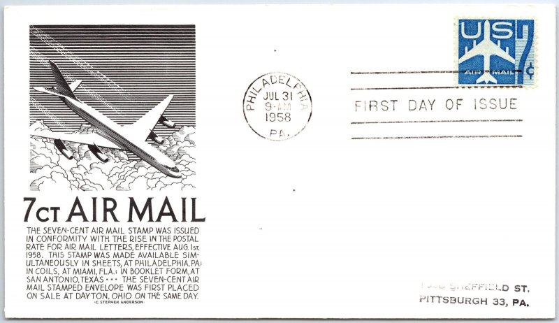 US FIRST DAY COVER 7c AIRMAIL JET AIRCRAFT ON ANDERSON CACHET 1958