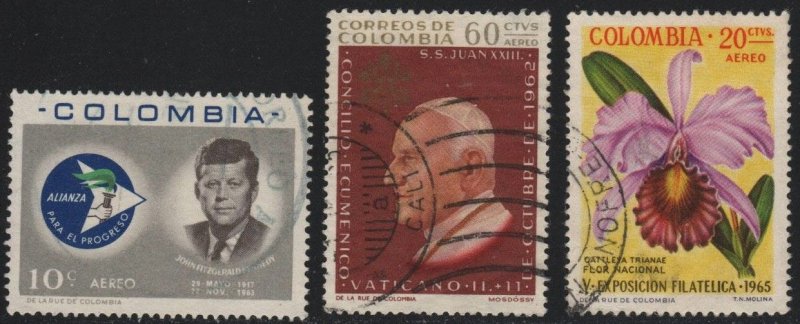 Colombia #C468,C455,C447 ~ 3 Different Singles  ~ Kennedy, Pope ~ Used (1963-65)