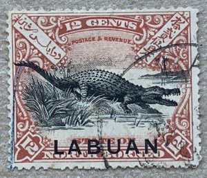 Labuan 1898 12c Crocodile, postally used.  Scott 85, CV $60.00. SG 98a