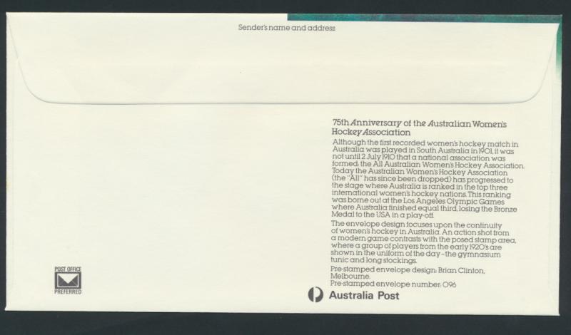 Australia PrePaid Envelope1985 - 75th Anniv Women's Hockey Association