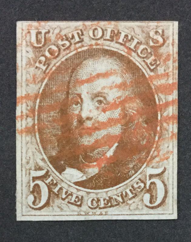 US #1b IMPERF ORANGE BROWN USED $800 LOT #358