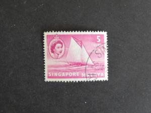 SINGAPORE 1955 QUEEN ELIZABETH SHIPS 5 CENTS USED