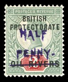 Niger Coast Protectorate #14 Cat$550, 1893 1/2p on 2p green and carmine, hinged