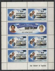 ST. VINCENT, MINI SHEET SURCHARGE $1.60 ROYAL VISIT 1985 