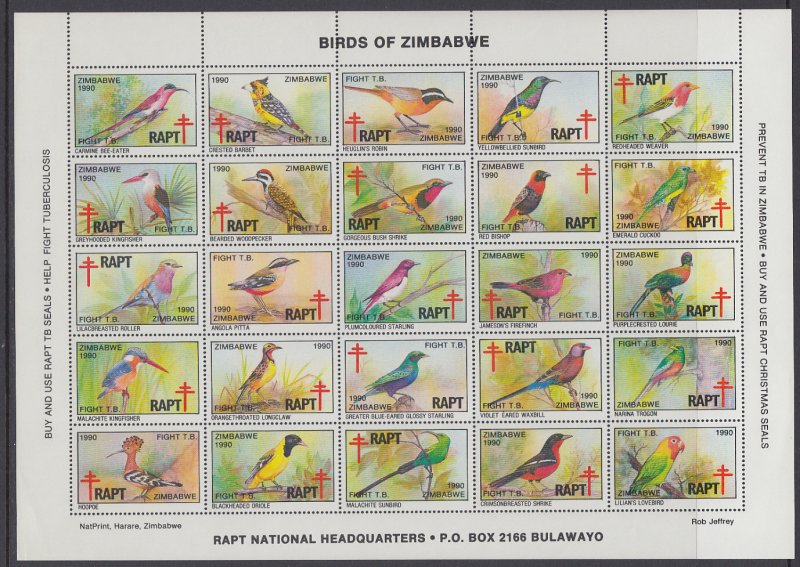 Zimbabwe Christmas Seals Birds Sheet MNH VF