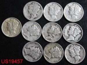 Ten different circulated MERCURY DIMES