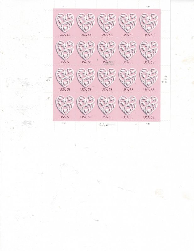 Wedding Love Heart 58c US Postage Plate Block #4152 VF MNH