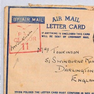 GB EGYPT WW2 Air Letter RAF CENSOR *11* Co. Durham Darlington 1943{samwells}ZV23