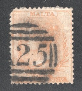 MALTA #3c Orange yellow shade, Crease, Used,  F/VF  CV $130.00  .....   3740494