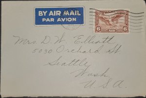 1937 Canada Airmail Cover #C5 Sent To Seattle From Vancouver