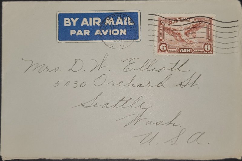 1937 Canada Airmail Cover #C5 Sent To Seattle From Vancouver