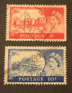 GREAT BRITAIN USED BDH PERFIN STAMPS SCOTT # 311 & 312 QUEEN ELIZABETH II