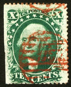 #35 1859 10c Green Type V Washington Very Fine Used with Red Cancel
