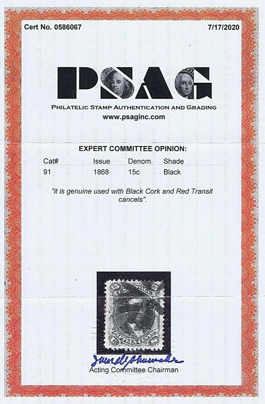 SC# 91 USED 15C LINCOLN 1868, BLACK CORK & PTL RED TRANSIT CCL, 2020 PSAG CERT