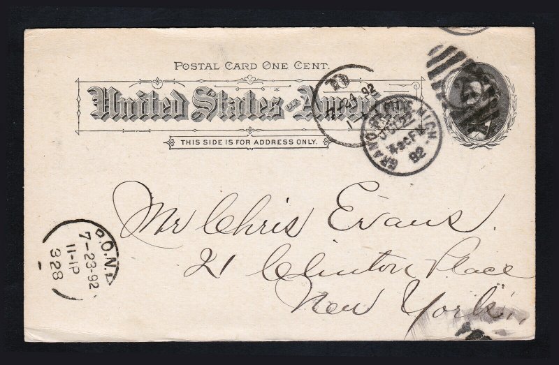 SCOTT #UX10 GRANT POSTAL CARD GRAND RAPIDS MI DUPLEX CANCEL 1892