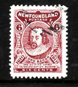 Newfoundland-Sc#92A-id10-used 6c claret type II-Lord Bacon-1910-