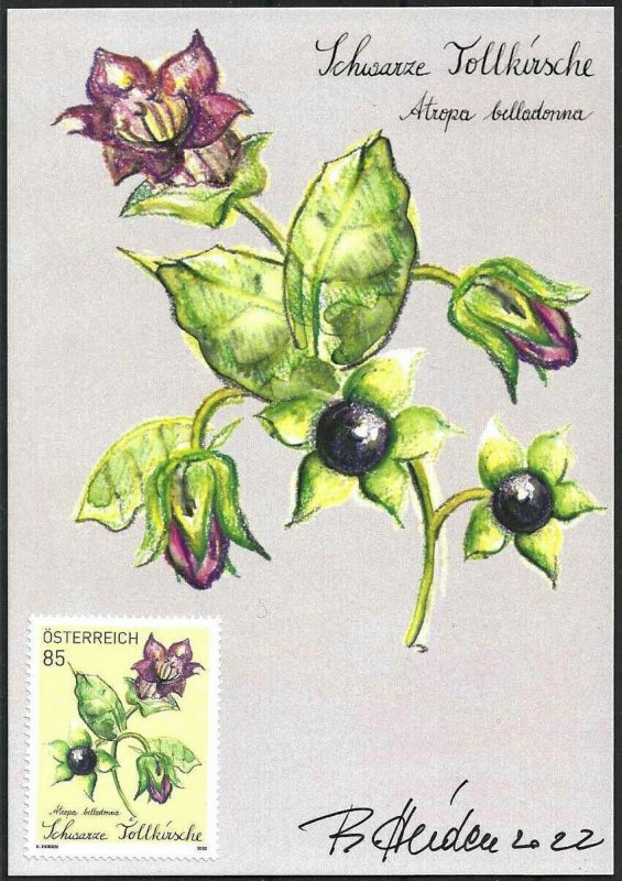 2022 Austria Flowers, Bonus-Stamp, Belladonna, Artist signed Maxi-Card!