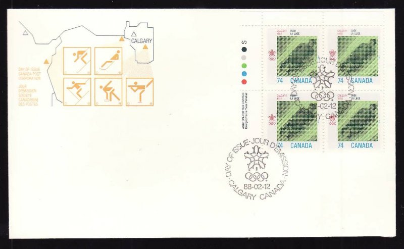 Canada-Sc#1198-stamps on FDC-LL Plate Block-Sports-Winter Olympics-Bobsled-1988-