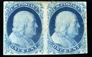USAstamps Unused VF US 1851 Franklin Pair Pos 91/92RLI Scott 7 OG MH SCV $2300