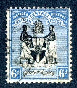 Nyasaland/British Central Africa BCA 1896. 6d black & blue. Used. Crown CA.SG35.