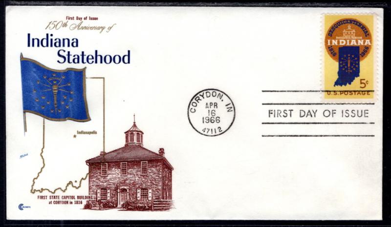 US 1308 Indiana Statehood Cover Craft U/A FDC