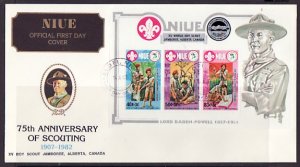 Niue, Scott cat. 379. Canada Jamboree o/p on s/sheet. First day cover. ^