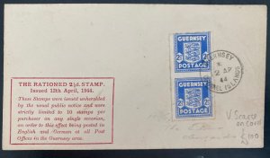 1944 Guernsey Channel Islands England Occupation Cover Rationed 2 1/2 Stamp FDC