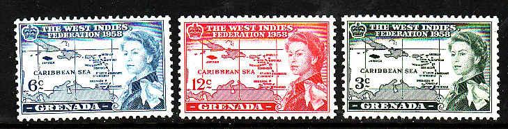 Grenada-Sc#184-6-Unused NH set-QEII-Omnibus-West Indies Federation-Maps-1956