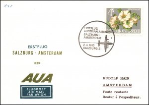 Austria Austrian Airlines Salzburg to Amsterdam 1965 1st Flight Cover